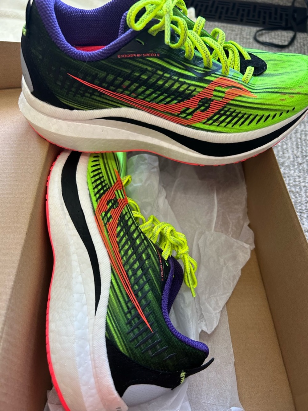 Saucony Neon Yellow/Black/Purple Running Shoes with Orange Accents NIB